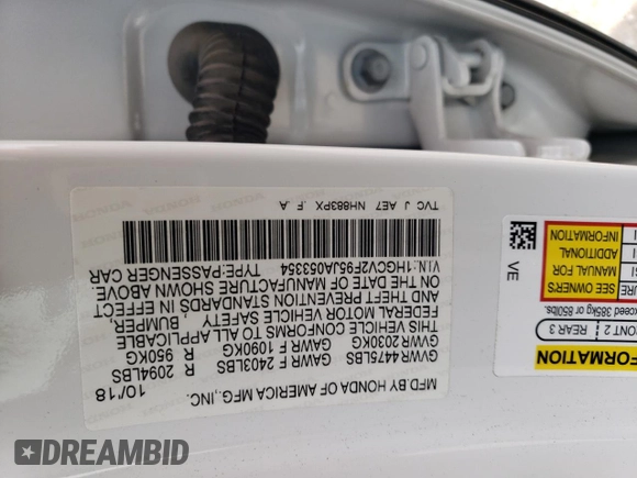 2018 Honda Accord Touring with VIN 1HGCV2F95JA053354, listed as a Copart auction lot 54907865 with 89,808 mi miles and Salvage title. Bid and sale history available at DreamBid. Image 13.