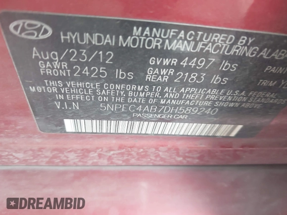 2013 Hyundai Sonata Limited with VIN 5NPEC4AB7DH589240, listed as a IAAI auction lot 41891612 with 203,869 mi miles and . Bid and sale history available at carsss.com. Image 9.