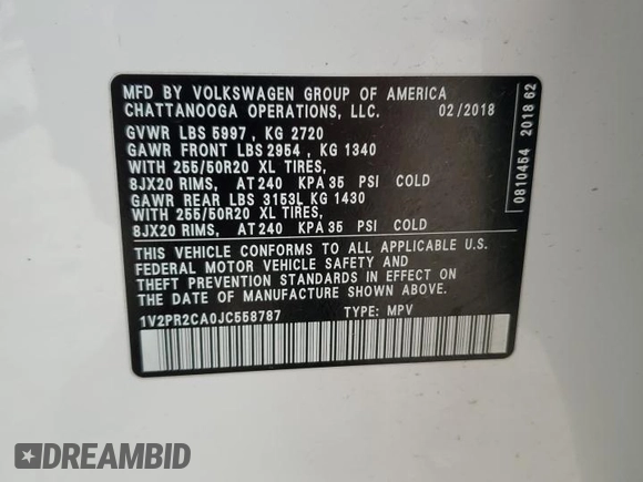 2018 Volkswagen Atlas SE z VIN 1V2PR2CA0JC558787, wystawiony jako Copart lot #50322575 z przebiegiem 104 103 mil mil oraz Szkoda całkowita • Salvage title. Historia ofert i sprzedaży dostępna na DreamBid. Obrazek 13.