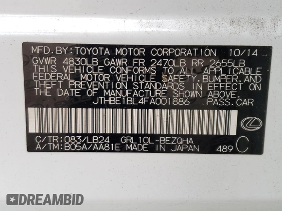 2015 Lexus GS 350 with VIN JTHBE1BL4FA001886, listed as a Copart auction lot 69307512 with 77,599 mi miles. Bid and sale history available at carsss.com. Image 12.