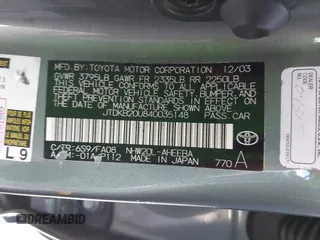 2004 Toyota Prius with VIN JTDKB20U840035148, listed as a IAAI auction lot 42086608 with 87,207 mi miles and . Bid and sale history available at DreamBid. Image 9.