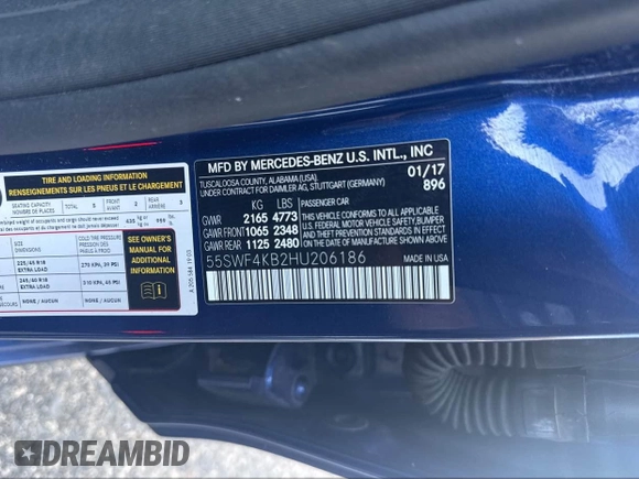 2017 Mercedes-Benz C 300 with VIN 55SWF4KB2HU206186, listed as a IAAI auction lot 42258607 with 141,325 mi miles and . Bid and sale history available at DreamBid. Image 9.
