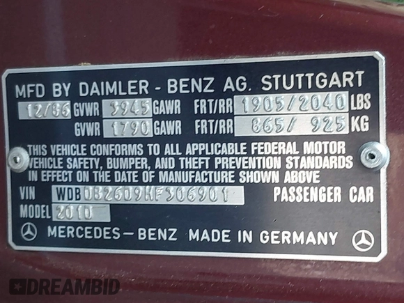 1987 Mercedes-Benz 190 z VIN WDBDB26D9HF306901, wystawiony jako IAAI lot #42018142 z przebiegiem 190 364 mil mil oraz . Historia ofert i sprzedaży dostępna na DreamBid. Obrazek 9.