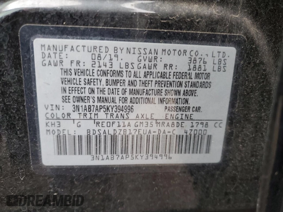 2019 Nissan Sentra S with VIN 3N1AB7AP5KY394996, listed as a Copart auction lot 43730275 with 103,868 mi miles and Salvage Title. Bid and sale history available at carsss.com. Image 12.