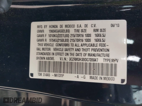 2013 Honda CR-V LX with VIN 3CZRM3H39DG709047, listed as a IAAI auction lot 41894762 with 144,788 mi miles and . Bid and sale history available at carsss.com. Image 9.