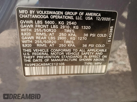 2021 Volkswagen Atlas SE with VIN 1V2PE2CA5MC212105, listed as a Copart auction lot 51852125 with 53,831 mi miles and Salvage title. Bid and sale history available at DreamBid. Image 12.