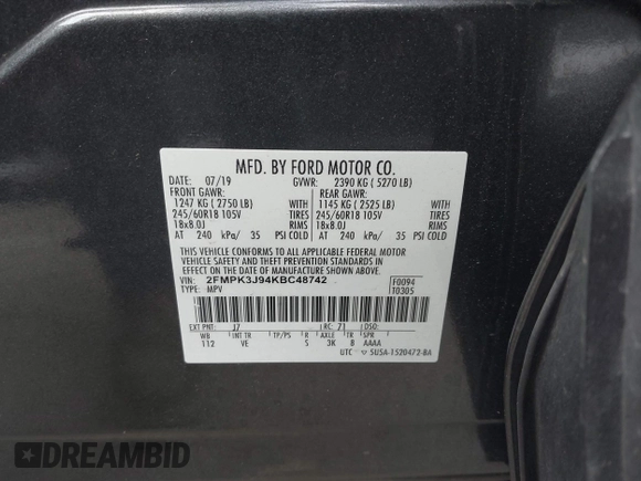 2019 Ford Edge SEL with VIN 2FMPK3J94KBC48742, listed as a IAAI auction lot 42393919 with 68,564 mi miles and . Bid and sale history available at DreamBid. Image 9.