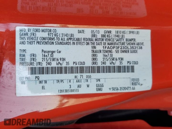 2013 Ford Focus SE with VIN 1FADP3F23DL353138, listed as a Copart auction lot 50189925 with 104,006 mi miles and Salvage Title. Bid and sale history available at carsss.com. Image 12.