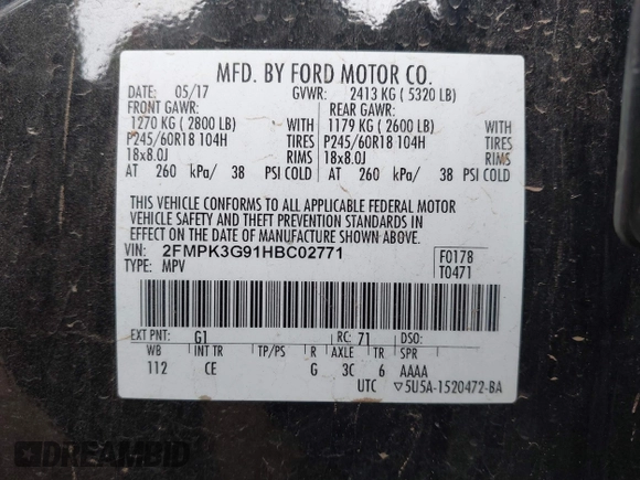 2017 Ford Edge SE with VIN 2FMPK3G91HBC02771, listed as a IAAI auction lot 42164948 with 107,264 mi miles and . Bid and sale history available at DreamBid. Image 9.
