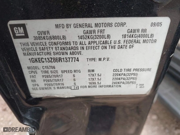2006 GMC Yukon SLE with VIN 1GKEC13Z86R137774, listed as a IAAI auction lot 41649520 with 1 mi miles. Bid and sale history available at carsss.com. Image 9.