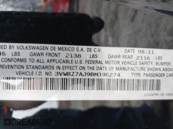 2011 Volkswagen Jetta SE с VIN 3VWBZ7AJ9BM395274, выставлен на аукционе IAAI как лот 41672902 с пробегом 79 218 миль миль и . История ставок и продаж доступна на DreamBid. Изображение 9.