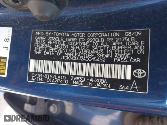 2010 Toyota Prius II with VIN JTDKN3DU2A0045452, listed as a IAAI auction lot 42149310 with 211,759 mi miles. Bid and sale history available at carsss.com. Image 9.