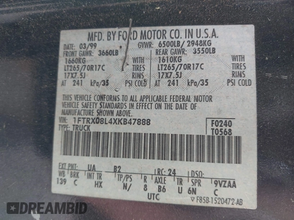 1999 Ford F-150 XL z VIN 1FTRX08L4XKB47888, wystawiony jako IAAI lot #42000396 z przebiegiem 200 461 mil mil oraz . Historia ofert i sprzedaży dostępna na DreamBid. Obrazek 9.