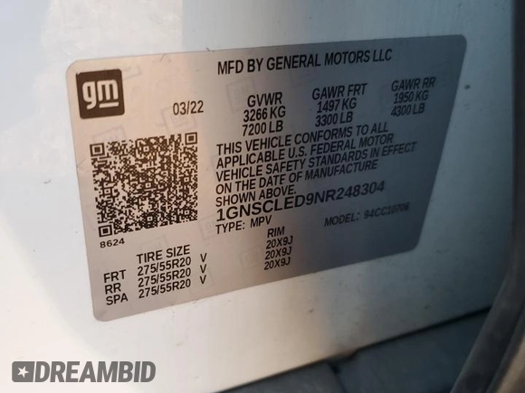 2022 Chevrolet Tahoe Commercial z VIN 1GNSCLED9NR248304, wystawiony jako Copart lot #84294364 z przebiegiem Nie podano mil oraz Czysty tytuł • Clean title. Historia ofert i sprzedaży dostępna na DreamBid. Obrazek 14.