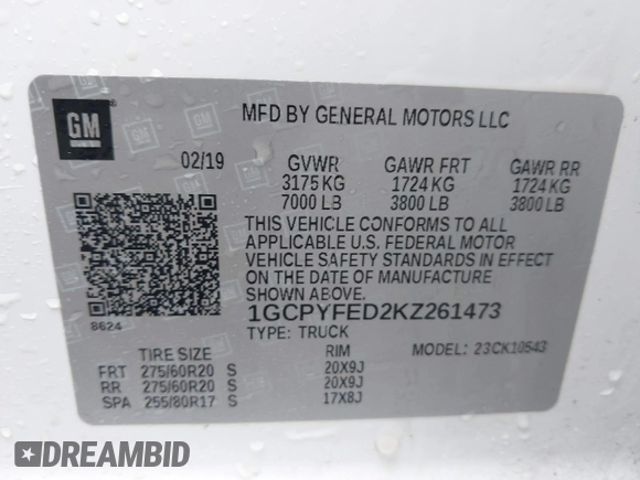2019 Chevrolet Silverado 1500 LT Trail Boss with VIN 1GCPYFED2KZ261473, listed as a IAAI auction lot 41824661 with 88,206 mi miles and . Bid and sale history available at DreamBid. Image 9.