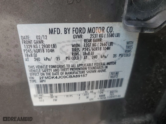 2012 Ford Edge SEL with VIN 2FMDK4JC0CBA89157, listed as a Copart auction lot 45547585 with 206,650 mi miles and Clean Title. Bid and sale history available at carsss.com. Image 14.
