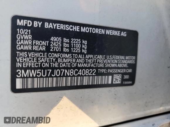 2022 BMW 3 Series M340i with VIN 3MW5U7J07N8C40822, listed as a Copart auction lot 84839034 with 92,672 mi miles and Salvage Title. Bid and sale history available at carsss.com. Image 12.