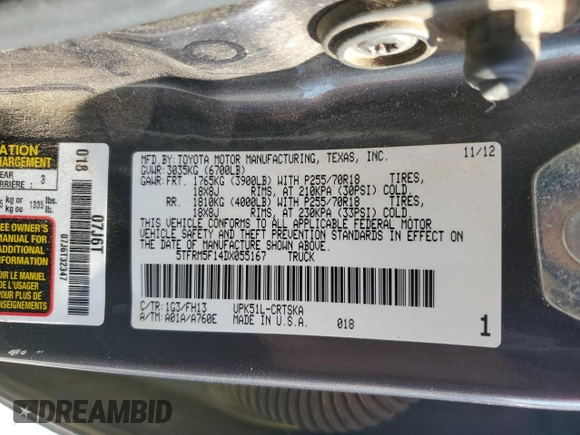 2013 Toyota Tundra z VIN 5TFRM5F14DX055167, wystawiony jako Copart lot #53405225 z przebiegiem 207 290 mil mil oraz Szkoda całkowita • Salvage title. Historia ofert i sprzedaży dostępna na DreamBid. Obrazek 12.