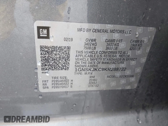 2019 Chevrolet Suburban Premier with VIN 1GNSKJKC9KR288722, listed as a IAAI auction lot 42282877 with 161,795 mi miles and . Bid and sale history available at DreamBid. Image 9.