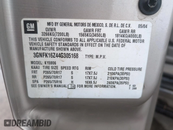 2004 Chevrolet Suburban Z71 z VIN 3GNFK16Z44G305168, wystawiony jako Copart lot #53900955 z przebiegiem 186 770 mil mil oraz Szkoda całkowita • Salvage title. Historia ofert i sprzedaży dostępna na DreamBid. Obrazek 13.