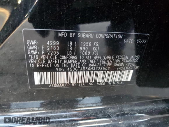 2022 Subaru Impreza with VIN 4S3GTAB60N3728503, listed as a Copart auction lot 69694162 with 2,043 mi miles. Bid and sale history available at carsss.com. Image 12.