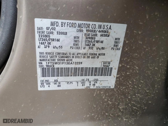 2003 Ford Super Duty F-350 SRW XL with VIN 1FTSW31F13EA13259, listed as a Copart auction lot 80345954 with 209,898 mi miles and Salvage Title. Bid and sale history available at carsss.com. Image 12.
