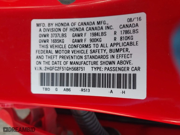 2016 Honda Civic Sedan LX with VIN 2HGFC2F51GH568751, listed as a IAAI auction lot 41826325 with 108,576 mi miles. Bid and sale history available at carsss.com. Image 9.