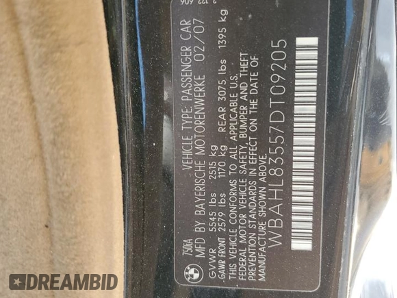 2007 BMW 7 Series 750i with VIN WBAHL83557DT09205, listed as a Copart auction lot 83580374 with 150,334 mi miles and Clean title. Bid and sale history available at DreamBid. Image 13.