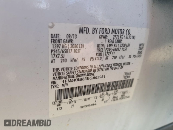 2014 Ford Explorer with VIN 1FM5K8B83EGA63931, listed as a Copart auction lot 59932955 with 105,077 mi miles and Salvage title. Bid and sale history available at DreamBid. Image 12.