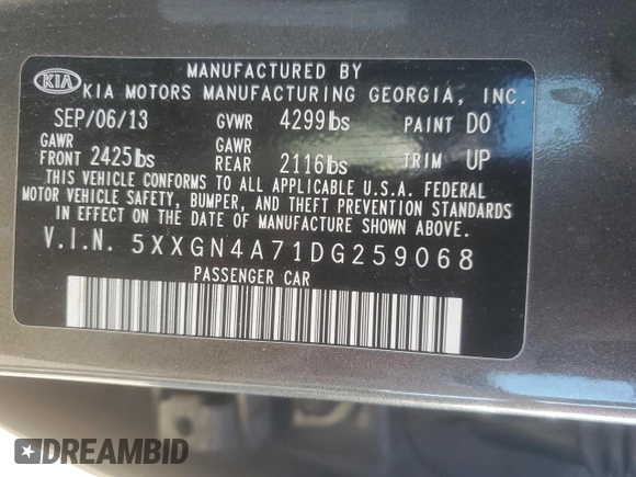 2013 Kia Optima EX with VIN 5XXGN4A71DG259068, listed as a Copart auction lot 54130825 with 162,778 mi miles and Salvage Title. Bid and sale history available at carsss.com. Image 13.