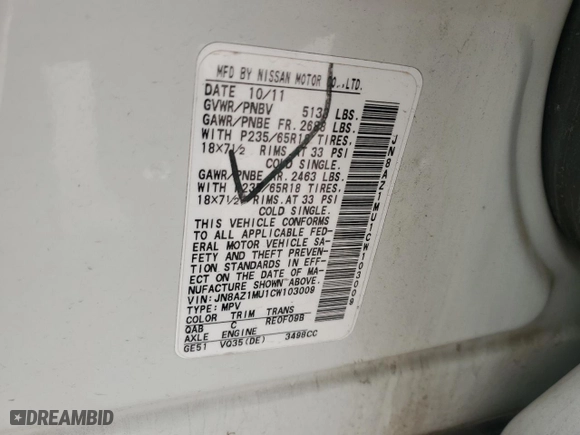2012 Nissan Murano S with VIN JN8AZ1MU1CW103009, listed as a Copart auction lot 48693345 with 138,791 mi miles and Salvage Title. Bid and sale history available at carsss.com. Image 13.
