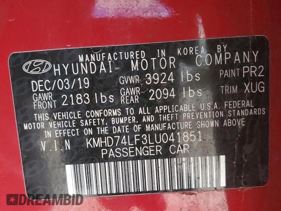 2020 Hyundai Elantra SE with VIN KMHD74LF3LU041851, listed as a Copart auction lot 47955305 with 44,637 mi miles and Non Repairable. Bid and sale history available at carsss.com. Image 13.