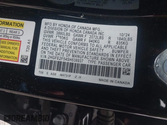 2025 Honda Civic Sport with VIN 2HGFE2F54SH538937, listed as a IAAI auction lot 42177510 with 5,182 mi miles and . Bid and sale history available at DreamBid. Image 9.