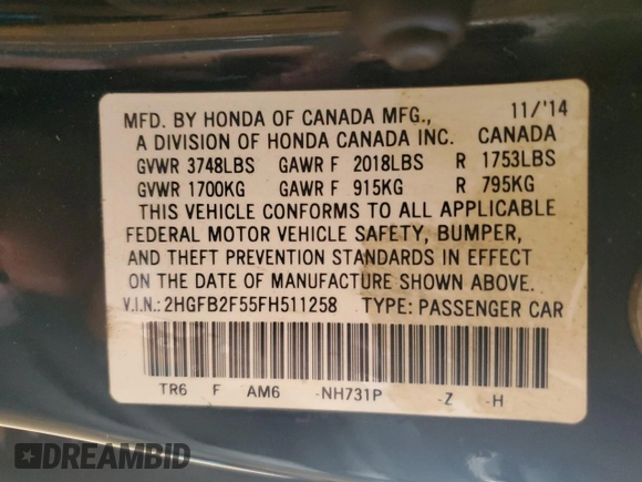 2015 Honda Civic LX z VIN 2HGFB2F55FH511258, wystawiony jako Copart lot #48591675 z przebiegiem 104 146 mil mil oraz Szkoda całkowita • Salvage title. Historia ofert i sprzedaży dostępna na DreamBid. Obrazek 13.