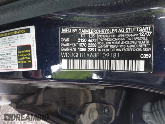 2008 Mercedes-Benz C 300 Sport with VIN WDDGF81X68F109181, listed as a IAAI auction lot 42198228 with 68,941 mi miles and . Bid and sale history available at carsss.com. Image 9.