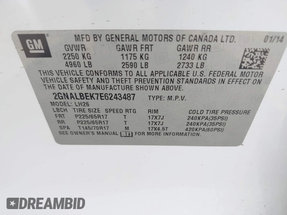 2014 Chevrolet Equinox LT with VIN 2GNALBEK7E6243487, listed as a IAAI auction lot 41886244 with 229,645 mi miles. Bid and sale history available at carsss.com. Image 9.