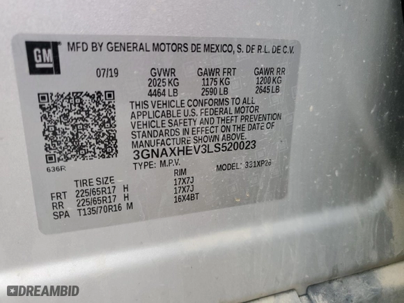 2020 Chevrolet Equinox LS with VIN 3GNAXHEV3LS520023, listed as a Copart auction lot 43454035 with 66,548 mi miles and Salvage Title. Bid and sale history available at carsss.com. Image 12.