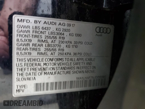 2018 Audi Q7 Premium Plus with VIN WA1LHAF75JD013380, listed as a Copart auction lot 58324865 with 92,877 mi miles and Salvage title. Bid and sale history available at DreamBid. Image 13.