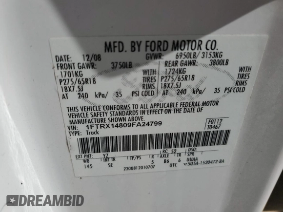 2009 Ford F-150 STX with VIN 1FTRX14809FA24799, listed as a Copart auction lot 51811255 with 123,501 mi miles and Clean title. Bid and sale history available at DreamBid. Image 12.