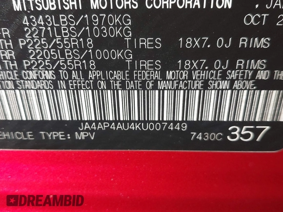 2019 Mitsubishi Outlander Sport SE 2.0 with VIN JA4AP4AU4KU007449, listed as a IAAI auction lot 41422033 with 113,129 mi miles. Bid and sale history available at carsss.com. Image 9.