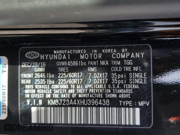 2017 Hyundai Tucson SE z VIN KM8J23A4XHU396438, wystawiony jako Copart lot #59636915 z przebiegiem 36 493 mil mil oraz Szkoda całkowita • Salvage title. Historia ofert i sprzedaży dostępna na DreamBid. Obrazek 13.