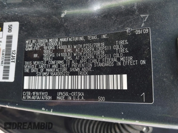 2010 Toyota Tundra with VIN 5TFUM5F16AX005232, listed as a IAAI auction lot 41688311 with 251,296 mi miles and . Bid and sale history available at DreamBid. Image 9.