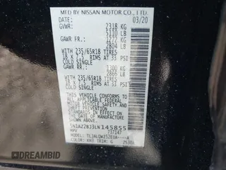 2020 Nissan Murano SV with VIN 5N1AZ2BJ3LN145855, listed as a IAAI auction lot 41396278 with 65,987 mi miles and . Bid and sale history available at DreamBid. Image 9.
