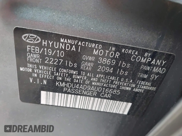 2010 Hyundai Elantra GLS with VIN KMHDU4AD9AU016685, listed as a IAAI auction lot 41852371 with 193,150 mi miles and . Bid and sale history available at DreamBid. Image 9.