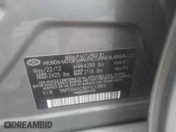 2013 Hyundai Sonata GLS with VIN 5NPEB4AC8DH533884, listed as a IAAI auction lot 41529721 with 128,560 mi miles and . Bid and sale history available at carsss.com. Image 9.