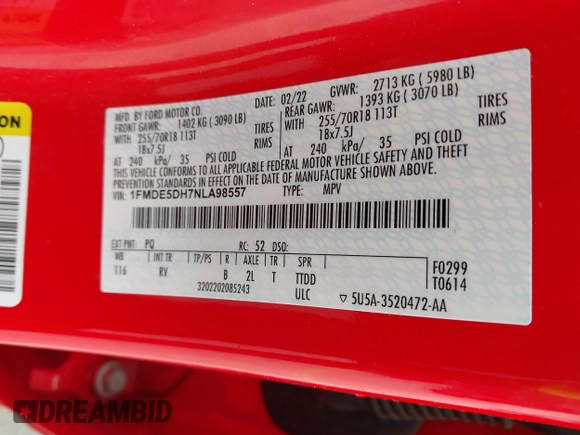 2022 Ford Bronco z VIN 1FMDE5DH7NLA98557, wystawiony jako IAAI lot #41746093 z przebiegiem 61 718 mil mil oraz . Historia ofert i sprzedaży dostępna na DreamBid. Obrazek 9.