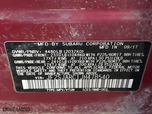 2018 Subaru Forester Limited with VIN JF2SJARC1JH478540, listed as a IAAI auction lot 41611451 with 39,223 mi miles. Bid and sale history available at carsss.com. Image 9.
