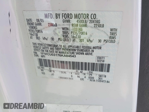 2006 Ford Escape XLT с VIN 1FMCU03176KA84543, выставлен на аукционе IAAI как лот 41991892 с пробегом 170 017 миль миль и . История ставок и продаж доступна на DreamBid. Изображение 9.