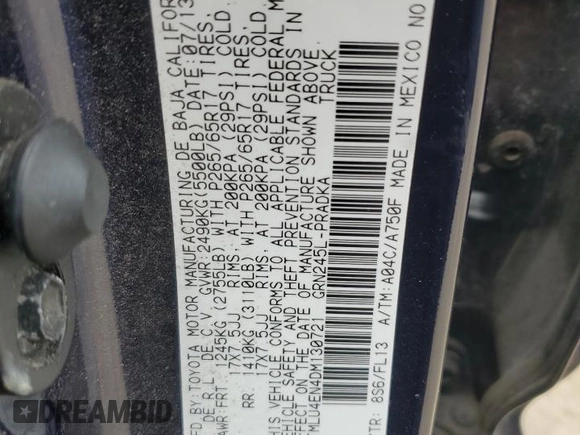 2013 Toyota Tacoma with VIN 3TMLU4EN4DM130721, listed as a Copart auction lot 55943445 with 126,566 mi miles and Salvage title. Bid and sale history available at DreamBid. Image 12.