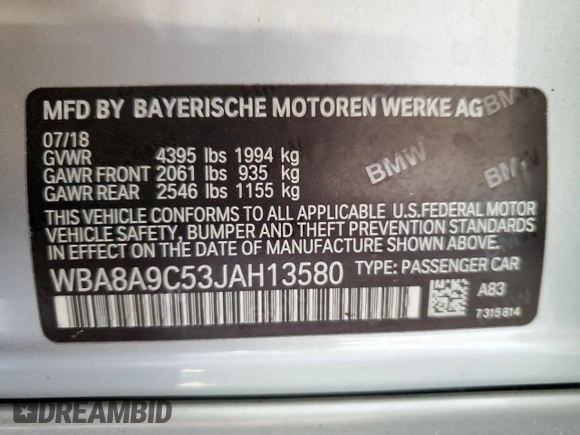 2018 BMW 3 Series 320i z VIN WBA8A9C53JAH13580, wystawiony jako Copart lot #74579773 z przebiegiem 26 828 mil mil oraz Nie do naprawy • Non repairable. Historia ofert i sprzedaży dostępna na DreamBid. Obrazek 12.